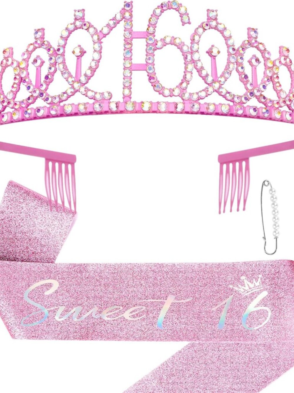 Sweet 16 Birthday Tiara and Sash Kit- Pink "Sweet 16" Birthday Decorations 16th